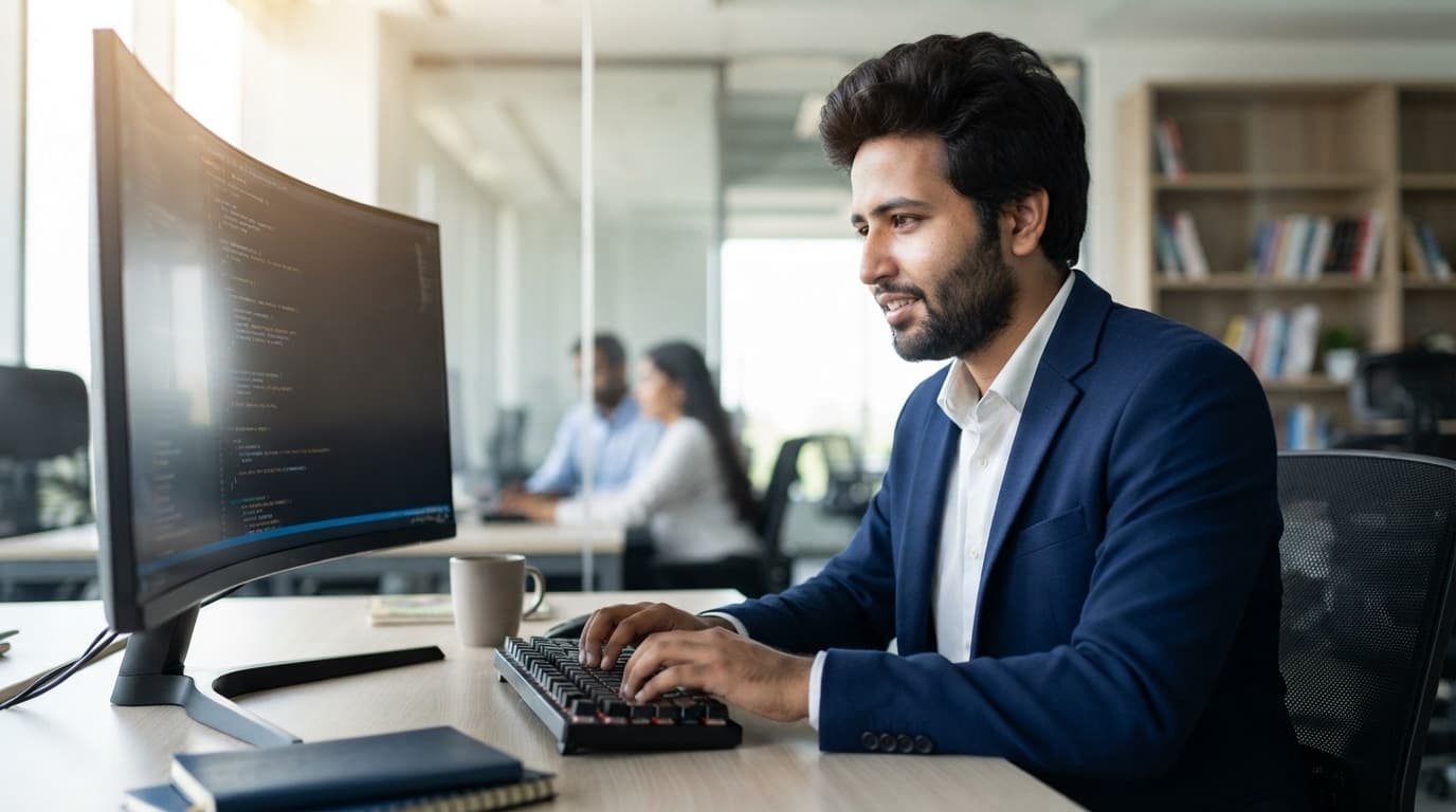 Muhammad Qasim at a desk, writing code for a client website on a curved monitor