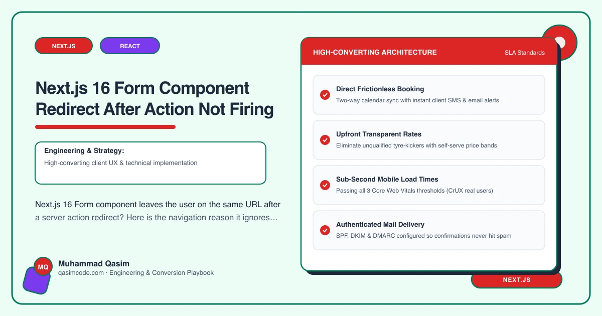 Next.js 16 Form Component Redirect After Action Not Firing