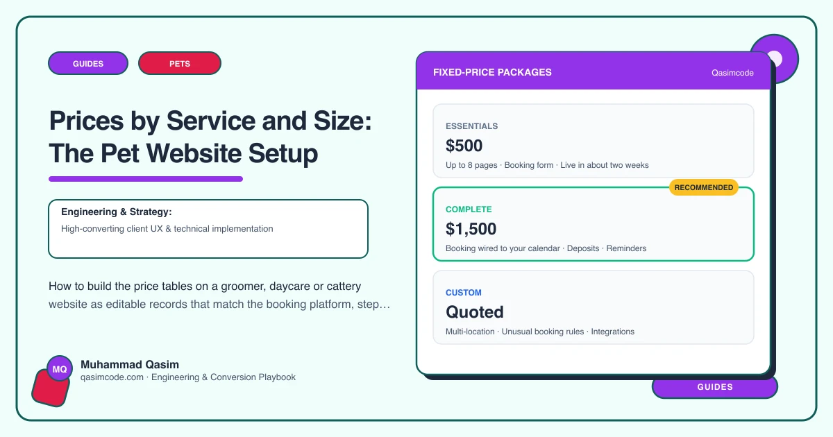 Prices by Service and Size: The Pet Website Setup