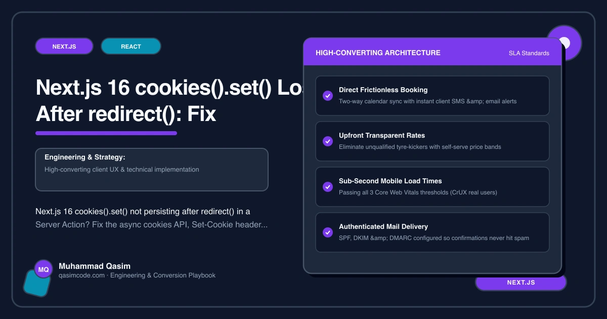 Next.js 16 cookies().set() Lost After redirect(): Fix
